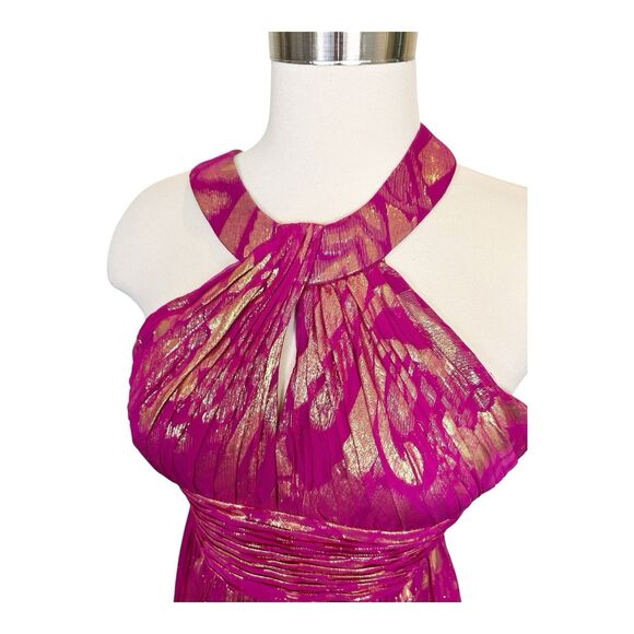 Aiden Maddox Fuschia Gold Metallic Crossback Short Dress Sz 0 Silk Blend - Picture 2 of 5